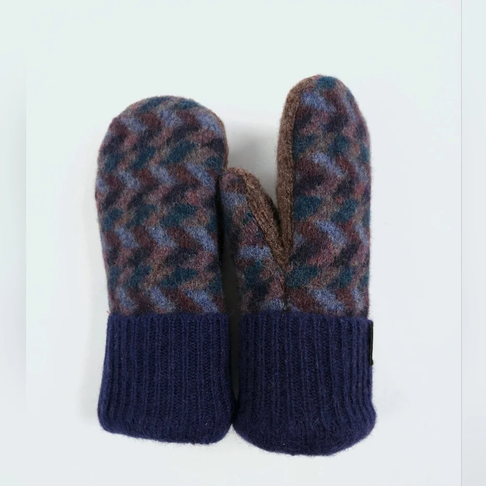 Upcycled Navy Blue and Brown Big Kids Wool Mittens Sherpa Lining Children's